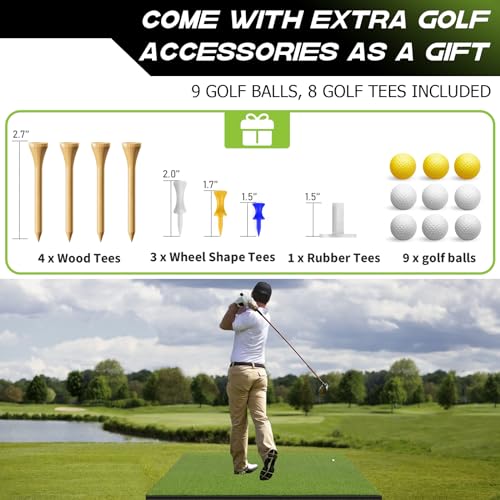 Bltend Golf Mat, Golf Hitting Mats Practice Outdoor Indoor, 5x3ft Golf Artificial Turf Practice Mat with Rubber Tees, 9 Golf Balls, 8 Golf Tees, Personal Driving Range Mat