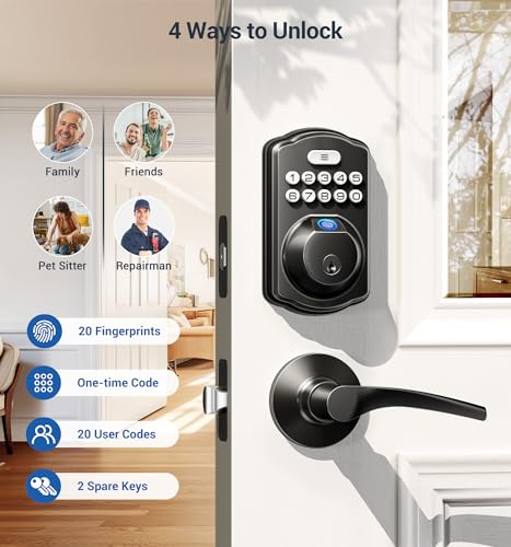 Veise Fingerprint Door Lock with 2 Lever Handles - Keyless Entry Door Lock, Electronic Keypad Deadbolt & Front Door Lock Handle Sets, Auto Lock, Easy Installation, Matte Black