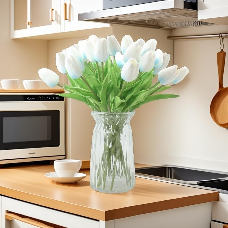 ALIERSA 10-Heads Home Decor Mini Tulip Real Touch Tulip Artificial Flowers Bouquets (Pink and White)
