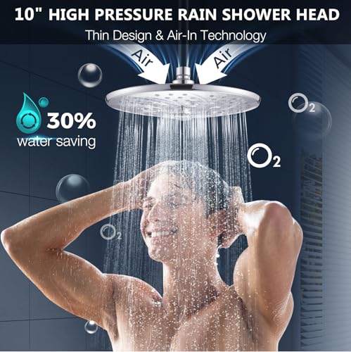 PDPBath Large 10 Inch Rain Shower Head with Extension Arm, 8-Setting Rainfall Showerhead with Extender, High Pressure Shower Heads with 16.7" Shower Arm Extension, Chrome