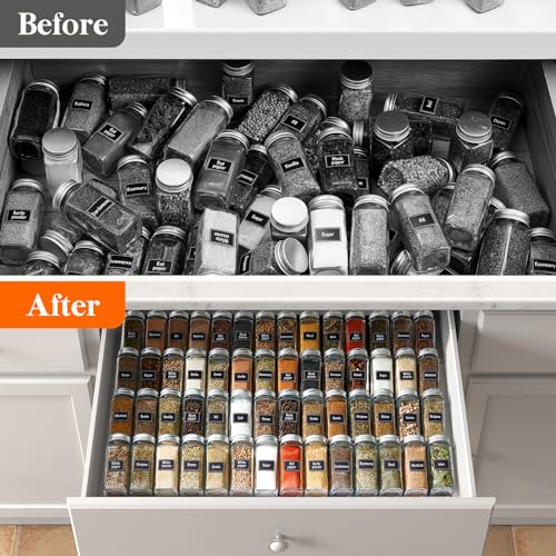 Lifewit Plastic Adjustable Spice Drawer Organizer, Expandable Spice Rack for Countertop, Jar Storage Tray for Condiment, Seasoning, Syrup,Liquor, Medicine for Kitchen, Pantry, Set of 8, Black