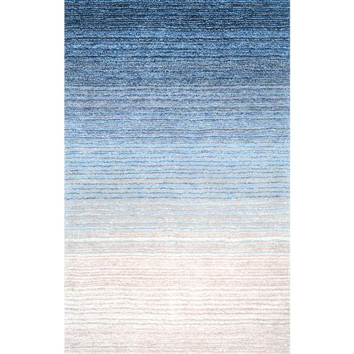 nuLOOM Drey Striped Shag Area Rug - 4x6 Shag Area Rug Casual Blue/Ivory Rugs for Living Room Bedroom Dining Room Nursery