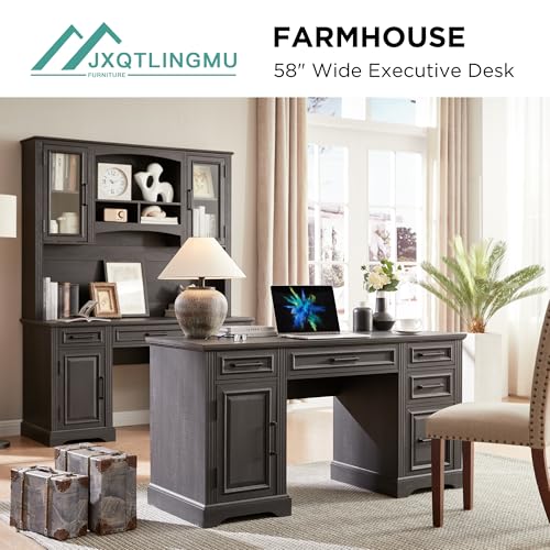 JXQTLINGMU 58 Inch Large Computer Desk with Drawers, Embossed Texture Home Office Desk, Workspace for Work Study Writing, Black
