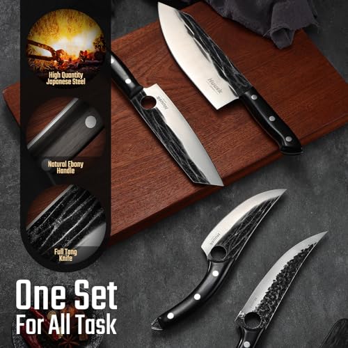 Huusk Knives Set, Serbian Chef Knife Set with Bag, Japanese Kitchen Knife Set, Hand Forged High Carbon Steel Knife Set, Full Tang Knife Set with Ebony Handle, Butcher Knife Set for Dad, Ideal Gif