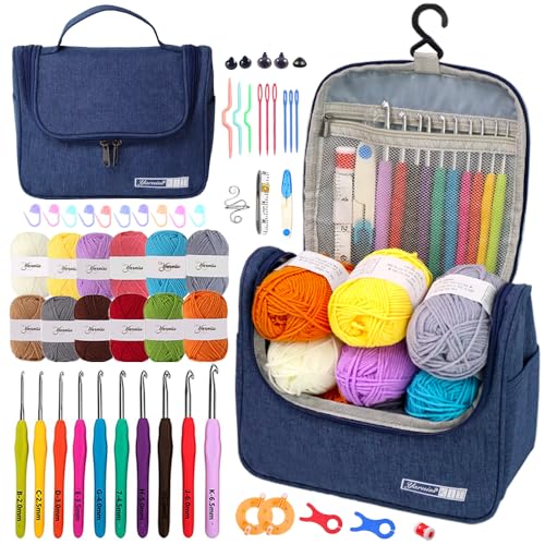 Yarniss Crochet Kits for Beginners, All in One Crochet Kits with 840 Yards Crochet Yarn, 10 Size Ergonomic Crochet Hooks 2.0mm~6.5mm, Blue