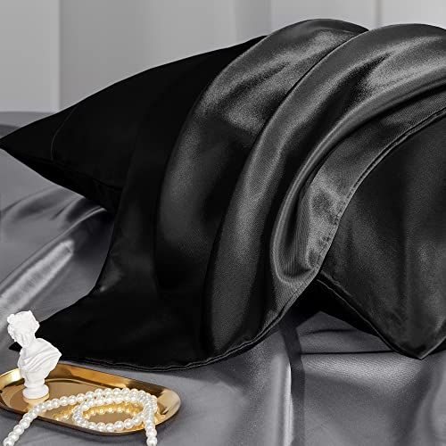 CozyLux Silk Satin Pillowcase for Hair and Skin Standard Set of 2 Soft Pillow Cases Silky Microfiber Bed Pillow Covers Wrinkle Resistant with Envelope Closure(Black, 20 x 26 Inches)