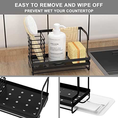 ODesign Sink Caddy,Kitchen sink Organizer Caddy Holder with Drain Pan Sponge Scrubber Brush Kitchen Caddy for Countertop Sponge Holder for Kitchen Sink,SUS304 Stainless Steel Rustproof - Black