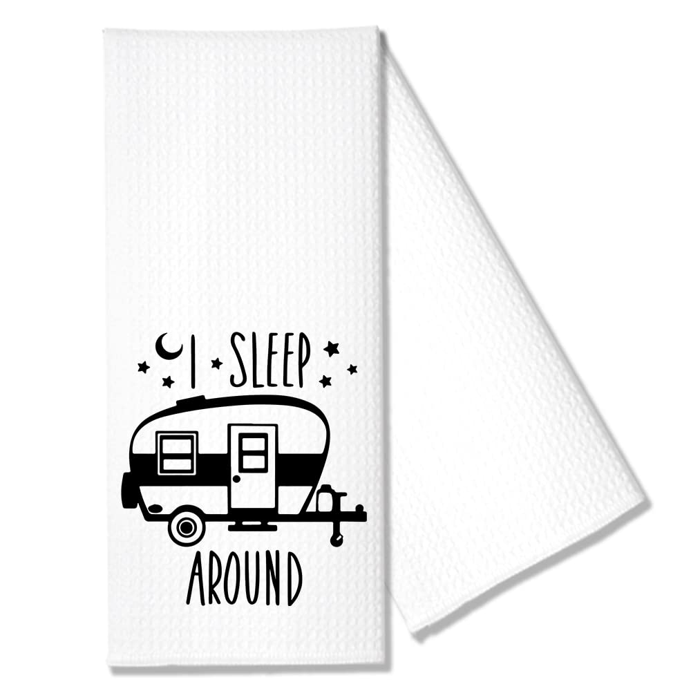 Hafhue I Sleep Around Kitchen Towel, Funny Camping Kitchen Towel Gifts for Women Sisters Friends Mom Aunts, Housewarming Gift for Women Hostess, New Home Gift for Women, Camping Gifts