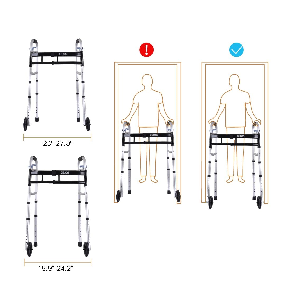 Delog Narrow Walkers for Seniors, Small Walkers for Seniors Tight Spaces Support Up to 350lbs, Standard Walkers for Adults