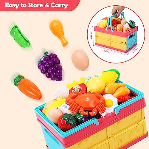 HOLYFUN Play Food Toy Set for Kids Kitchen, Shopping Basket with Cutting Fruit & Vegetables Accessories, Pot and Pan, Plastic Dishes, Toddler Play Kitchen Accessories Educational Toys for Boys Girls