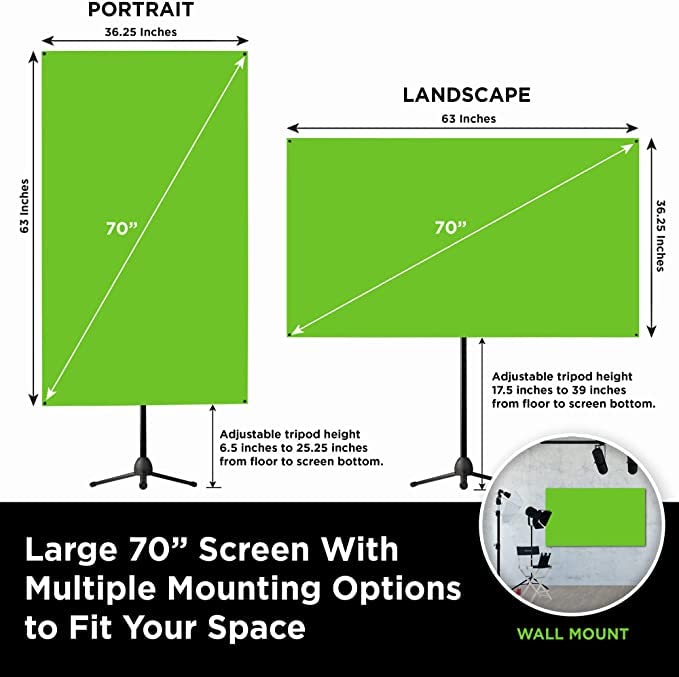 Valera 70in Green Screen Backdrop with Stand for Streaming, Ultra Portable 2 Min Setup, Portrait & Landscape, Tripod & Wall Mount, for Tiktok Zoom Video Meetings & More, +1k Free Backgrounds Included