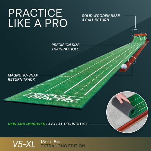 PERFECT PRACTICE XL Putting Mat – 15.5 ft Indoor Golf Putting Green w/ 2 Holes - Putting Matt for Indoors and Outdoors Practice - Golf Training Aid for Home - Golf Accessories and Gifts for Men