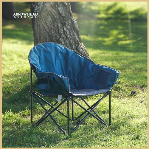 ARROWHEAD OUTDOOR Oversized Heavy-Duty Club Folding Camping Chair w/External Pocket, Cup Holder, Portable, Padded, Moon, Round, Saucer, Supports 330lbs, Carrying Bag, USA-Based Support