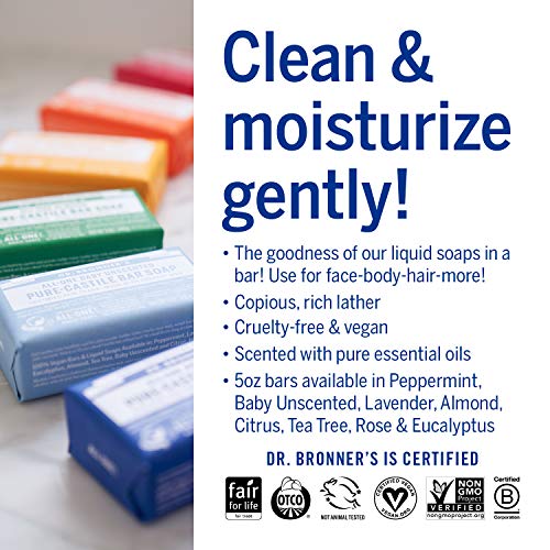 Dr. Bronner's - Pure-Castile Bar Soap (Baby Unscented, 5 ounce) - Made with Organic Oils, For Face, Body and Hair, Gentle for Sensitive Skin and Babies, No Added Fragrance, Biodegradable, Vegan