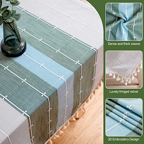 BESBESME Rustic Linen Plaid Table Cloth Boho Style Cream,Kitchen Dining Room Tablecloths for Square Tables, Washable Wrinkle Resistant,Blue/Green 55 x 55 inches