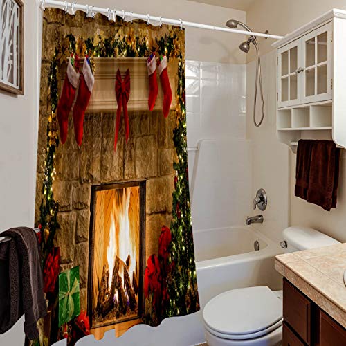 BROSHAN Christmas Shower Curtain Fabric Small, Xmas Season Eve Fireplace Gifts Socks Print Holiday Shower Curtain for Shower Stall, Red Christmas Bathroom Decor Set with Hooks, 60 x 72