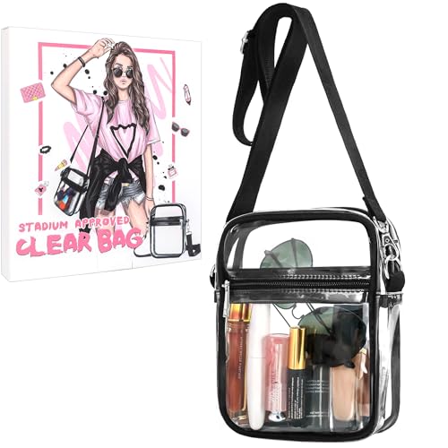 LWWTBS Clear Crossbody Purse Bag Stadium Approved Clear Purse for Work Concert Sports Adjustable Strap Clear Concert Bag for Women (Small-Black)