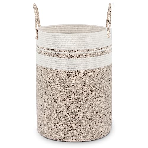 Fixwal 58L Laundry Basket, 15 x 20inches Large Laundry Hamper Tall Cotton Rope Woven Decorative Storage for Living Room, Toys, Towels, Clothes Baby Nursery Bin, Brown/Beige