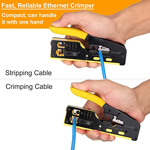 Solsop Pass Through RJ45 Crimp Tool Kit All-in-One Ethernet Crimper Cat7 Cat6 Cat5 Crimping Tool with Network Cable Tester, 50-Pack Cat6 RJ45 Pass Through Connector, 50-Pack Connector Boots