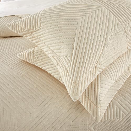 Chic Home Sianna 3 Piece Queen Size Quilt Set - Contemporary Geometric Diagonal Stripe Bedspread Coverlet with 2 Pillow Shams, Beige