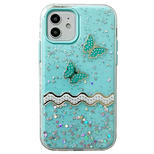 Puxicu Bling Glitter Case for iPhone 14 Pro Case 6.1" for Women Girls, Pretty Butterfly Flash Diamond Relief Pattern, Sparkling Powder Decoration, 3 in 1 Heavy Duty Shockproof Protection, Blue