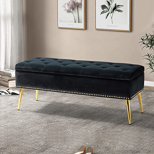 HULALA HOME Modern Velvet Storage Ottoman Bench with Gold Base & Nailhead Trim, Upholstered Bedroom Bench for End of Bed, Button-Tufted Footstool for Entryway Living Room Dining Room, Black
