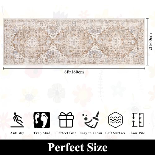 U'Artlines 2' x 6' Boho Hallway Runner Rug, Non Slip Washable Vintage Farmhouse Accent Area Rug Carpet for Kitchen Entryway Laundry and Living Room (Beige Khaki)