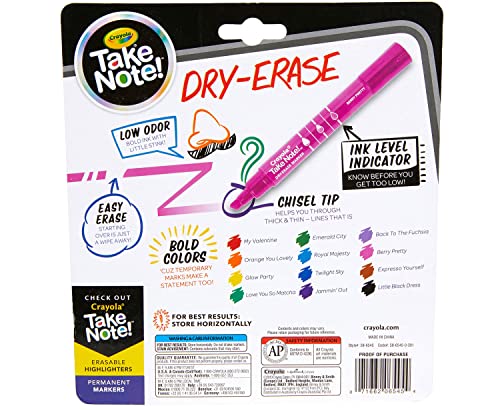 Crayola Take Note Dry Erase Markers (12ct) Whiteboard Markers for Teachers, Low Odor, Chisel Tip, School Classroom Supplies