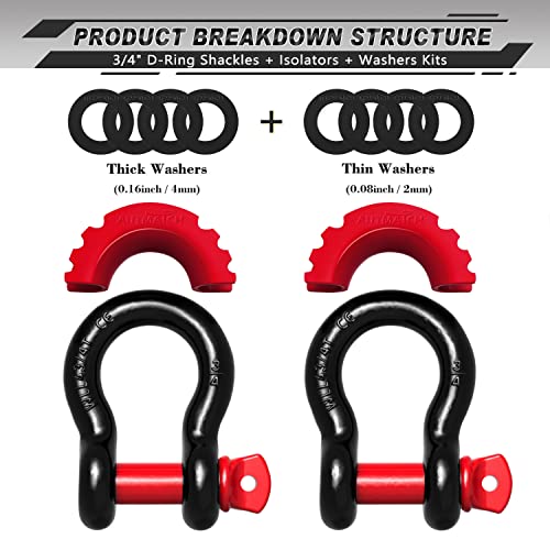 AUTMATCH D Ring Shackle 3/4" Shackles (2 Pack) 41,887Ibs Break Strength, Clevis Shackle with 7/8" Screw Pin and Shackle Isolator Washers Kit for Tow Strap Winch Off Road Vehicle Recovery, Black & Red