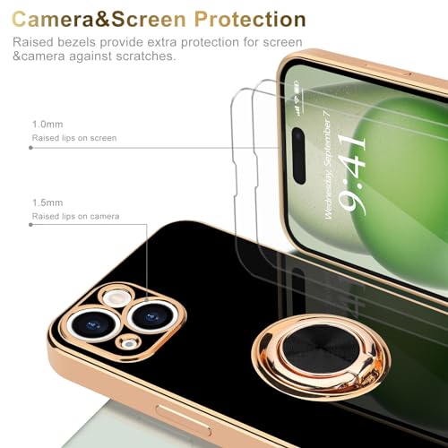 Urarssa for iPhone 15 Case with Stand 360° Rotatable Ring Holder Magnetic [with 2 Screen Protector] Kickstand Gold Plating for Women Men Shockproof Protective Phone Case Cover for iPhone 15, Black