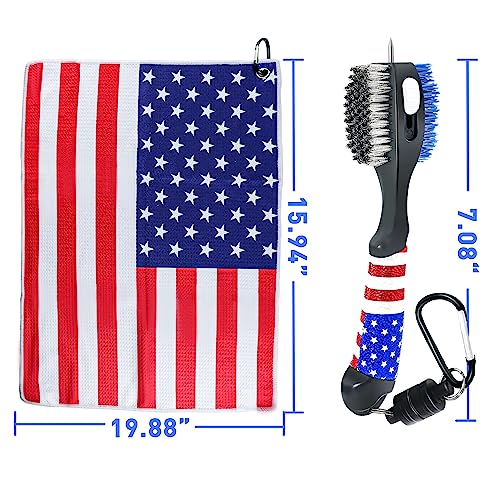 Golf Club Brush and Amercian Flag Golf Towels, Golf Groove Cleaner Cleaning kit, Golf Accessories Cleaner Tool with Strong Magnet Stick to Golf Clubs or Bag