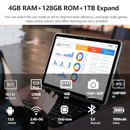 2024 Newest 2 in 1 Tablet 128GB Storage+1TB Expand 10 inch Tablets, 2.4G&5G WIFI Tablet PC, Android 12 Tablet with Keyboard, Octa Core HD Touchscreen 13MP Dual Camera GMS Tablet with Case Mouse (Gray)