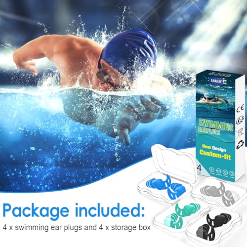 Waterproof Swimming Ear Plugs for Adults - 4 Pairs of Reusable Soft Silicone Swim Earplugs,Perfect for Surfing, Diving,Pool,Showering and Other Water Sports - Keep Water Out and Ear Protection