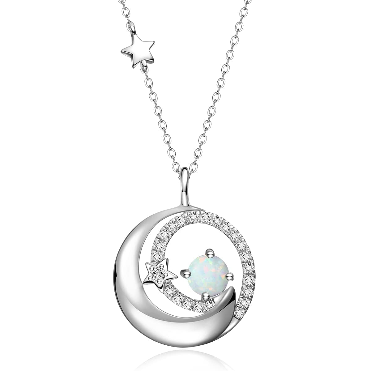 FANCIME White Opal Necklace October Birthstone Moon Star Pendant Necklaces Sterling Silver Jewelry Birthday Anniversary Christmas Gifts for Women Mom Daughter, Adjustable Chain 16"+2"