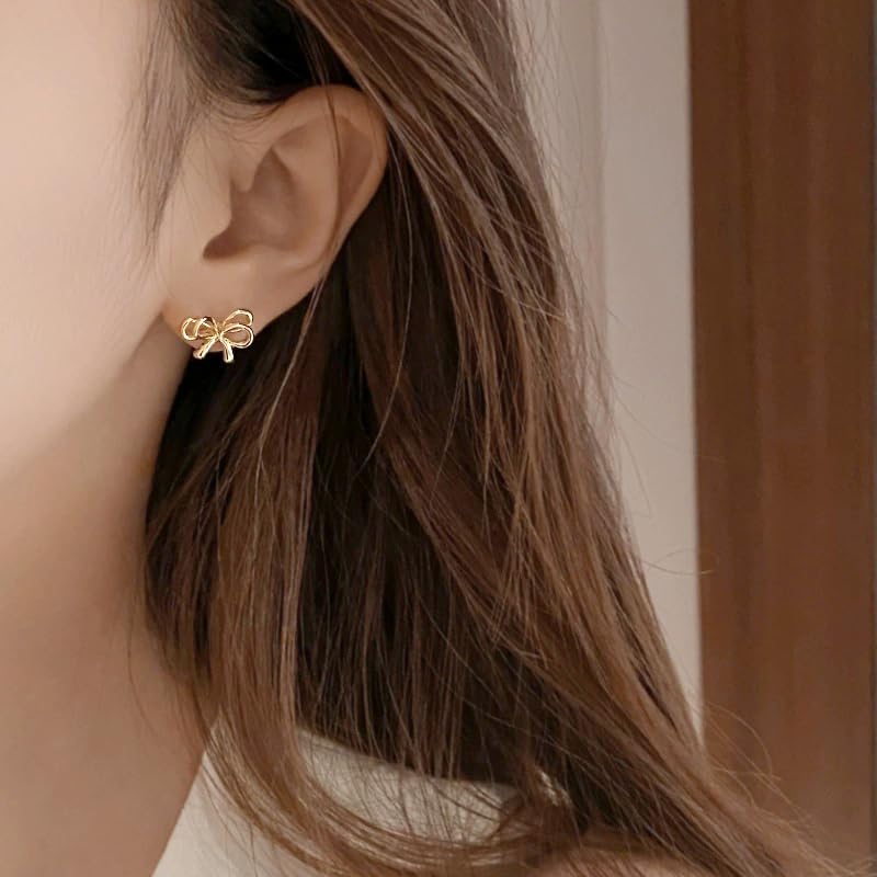 S925 Bow Earrings for Women Trendy, Small Cute Statement Ribbon Stud Earrings for Women Gold