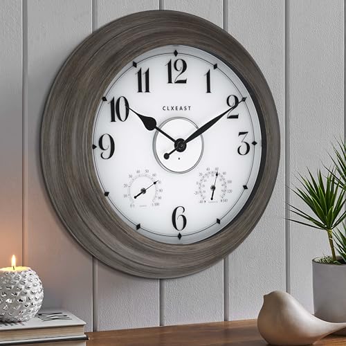 CLXEAST 24 Inch LED Illuminated Outdoor Clocks Waterproof with Thermometer & Hygrometer, Large Lighted Metal Wall Clock with Smart Light Sensor,Grey Oak Finish