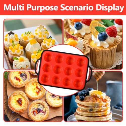 Silicone Muffin Pan with Metal Reinforced Frame - 12-Cup Mini Muffin Pan for Homemade Muffins, Cupcakes, Oven and Dishwasher Safe - Black Rim With Red Bottom, Mother's Day Gifts