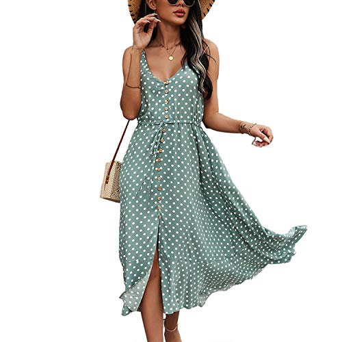 BROVAVE Women's 2025 Summer Casual Boho Sundress Polka Dot Spaghetti Strap V Neck Flowy Midi Dresses(008 Pink, Small)