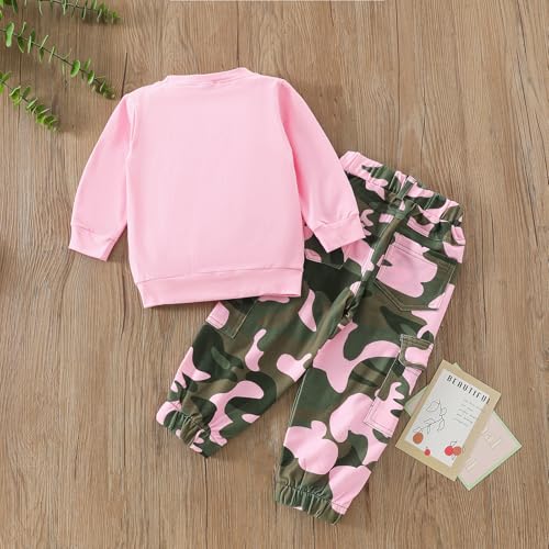 Yvowming Toddler Girl Clothes Kids Long Sleeve Sweatshirt & Camouflage Pants Baby Girl Fall Outfits Winter Sweatsuit (Light Pink, 6-12 Months)