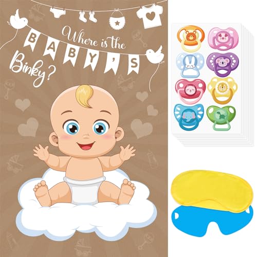 Atiloy Pin The Pacifier On The Baby Game - Baby Pacifier Games Poster with 64 Pacifier Stickers for Baby Shower Party Favors, Boys and Girls Kids Birthday Party Supplies