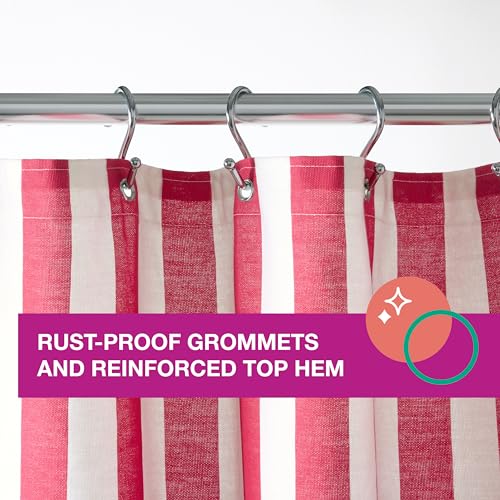 TOWN & COUNTRY PLAY Adeline Offset Stripe Cotton-Rich Breathable Fabric Shower Curtain with Anti-Rust Grommets, Pink/Beige/Yellow, 70"x72"