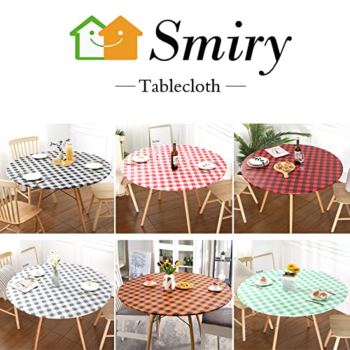 Smiry Round Picnic Table Cloth, Elastic Waterproof Fitted Vinyl Tablecloth for 45"-56" Tables, Flannel Backed Buffalo Plaid Table Covers for Dining, Camping, Outdoor, White and Yellow