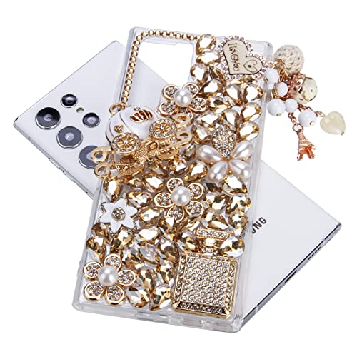 iFiLOVE for Samsung Galaxy S24 Bling Case, Girls Women 3D Luxury Sparkle Glitter Diamond Crystal Rhinestone Pumpkin Car Charm Pendant Protective Case Cover (Champagne)