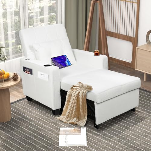 TYBOATLE Sleeper Chair Bed Convertible Recliner Fold Out Chair 3-in-1 Pull Out Reading Beds Living Room Chairs w/USB Cup Holder Side Pocket Armchair Chaise Lounge Chair for Bedoom Small Space