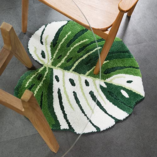 FrecklePot Pink Princess Non Slip Bath Mat or Kitchen Tufted Rug, Plant Leaf Shaped Kids Pets Floor Mat Carpet, Green, 32" x 24"