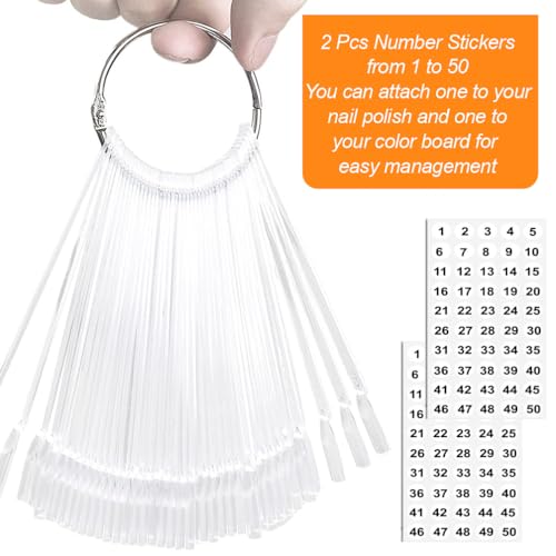 JASSINS 50 Pcs Nail Swatch Sticks with Ring and Numbered Tips - Clear Fan-shaped Display for Nail Art Polish Practice