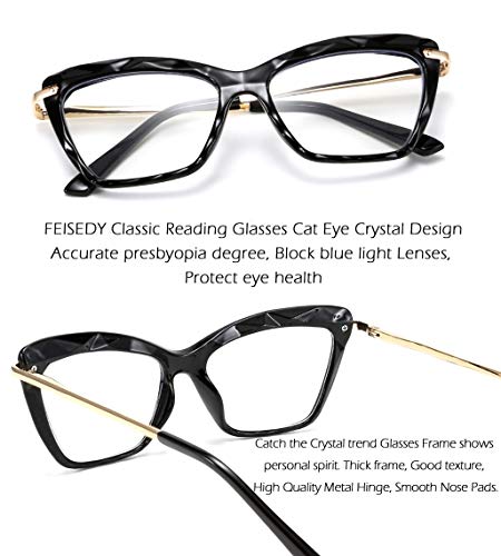 FEISEDY Crystal Cat Eye Reading Glasses Blue Light Blocking Reader Anti Eyestrain Glasses B2596 Black 1.00x