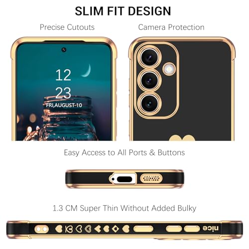 BENTOBEN for Samsung Galaxy S24 Case, Cute Heart Pattern Slim Fit Soft Flexible Shockproof TPU Bumper Non-Slip Lightweight Case Cover for Samsung Galaxy S24 6.2 inch, Black/Gold