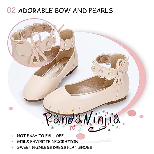 PANDANINJIA Girls Dress Shoes Flower Girl Beige Flats Pearls Ballet Bow Mary Jane Ankle Strap Sara Wedding Party Shoes for Toddler Little Big Kid, Size 4