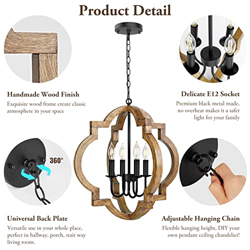 21.6'' Farmhouse Wood Chandelier, 4-Light Rustic Dining Room Light Fixture, Orb Chandelier Light Adjustable Hanging Chain,Black Chandelier for Kitchen Island Foyer Over Dining Table, Bulb Not Included